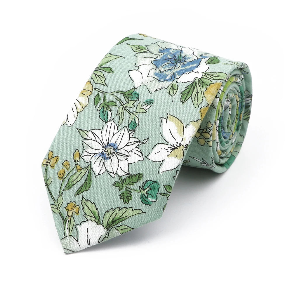 New Chic Floral Tie For Men 2025 100% Cotton Beautiful Elegant Flower Necktie White Blue Narrow Skinny Wedding Casual Cravat