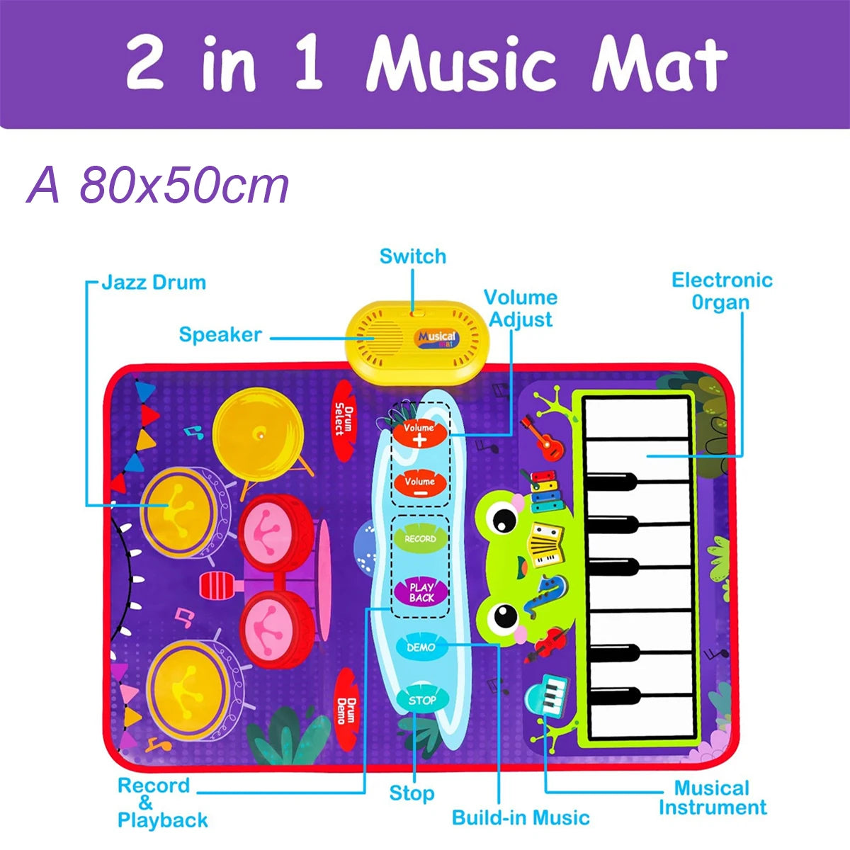 80x50cm Music Play Mat for Kids Toddlers Floor Piano Keyboard Drum Toys Dance Mat with 6 Instruments Sounds Educational Toys