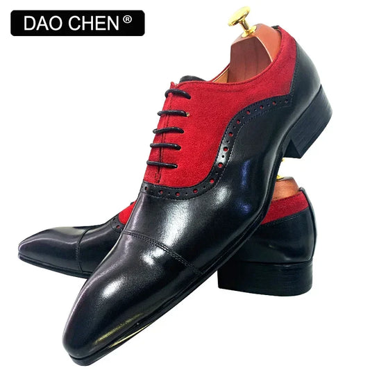 NEW 2024 LUXURY MEN'S OXFORD SHOES LACE UP BLCK MIXED RED SUEDE CASUAL MENS DRESS SHOES REAL LEATHER OFFICE WEDDING SHOES FOR MEN