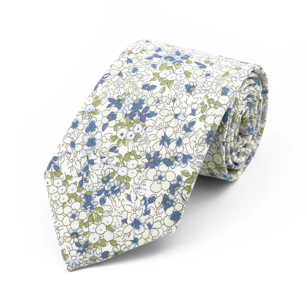 New Chic Floral Tie For Men 2025 100% Cotton Beautiful Elegant Flower Necktie White Blue Narrow Skinny Wedding Casual Cravat