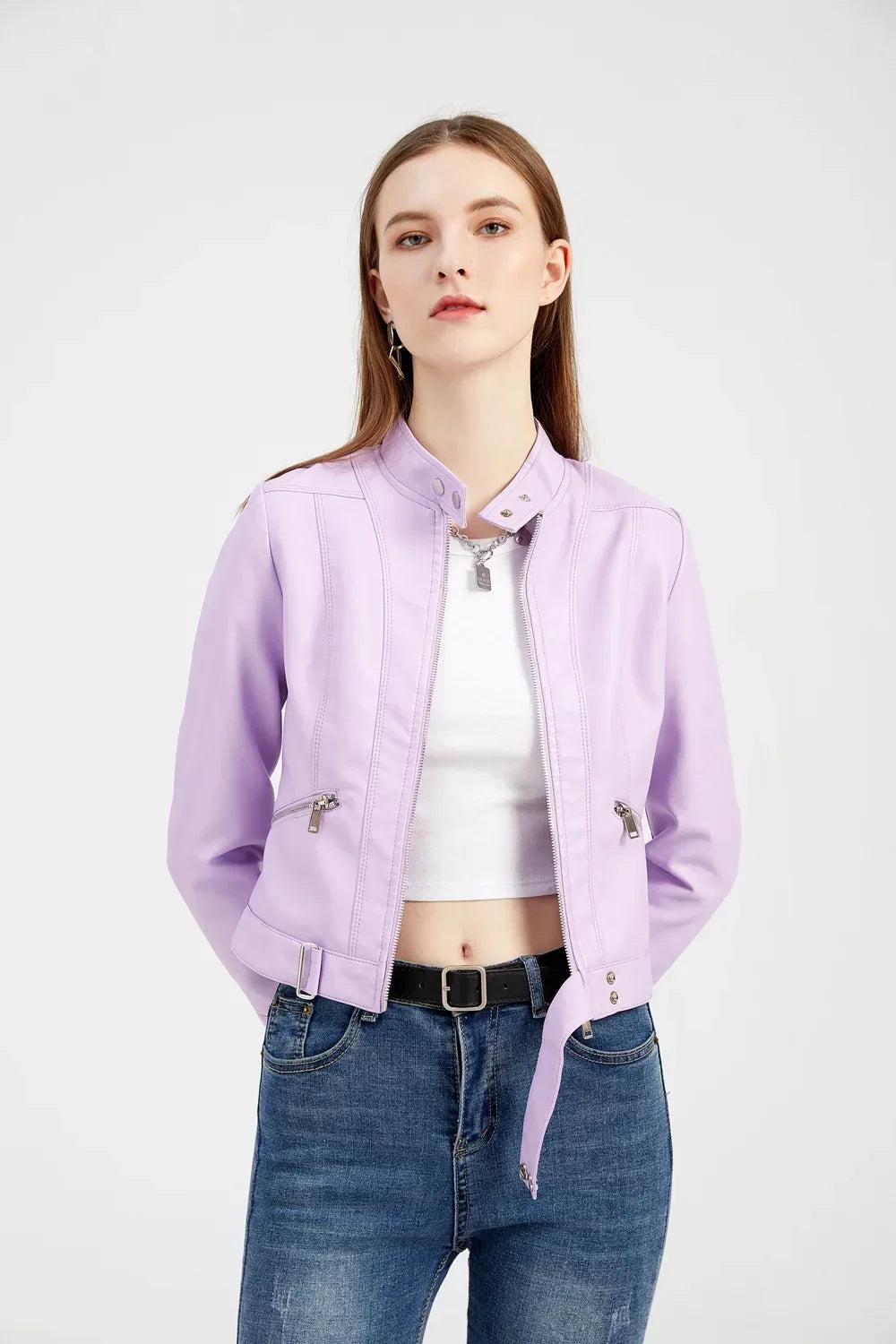 Spring Autumn Stand Collar Ladies Thin Leather Outerwear 2024 New Style Women's Leather Jacket Short Slim Fit