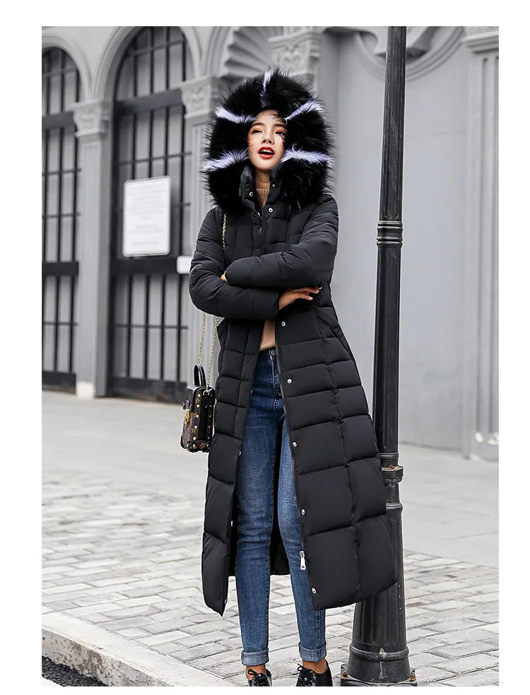 New 2024 - 2025 X-Long Down Jacket Women Casual Thick Warm Padded Coat Winter Loose Solid Hooded Parkas Lady Korean Fashion Solid Long Overcoa