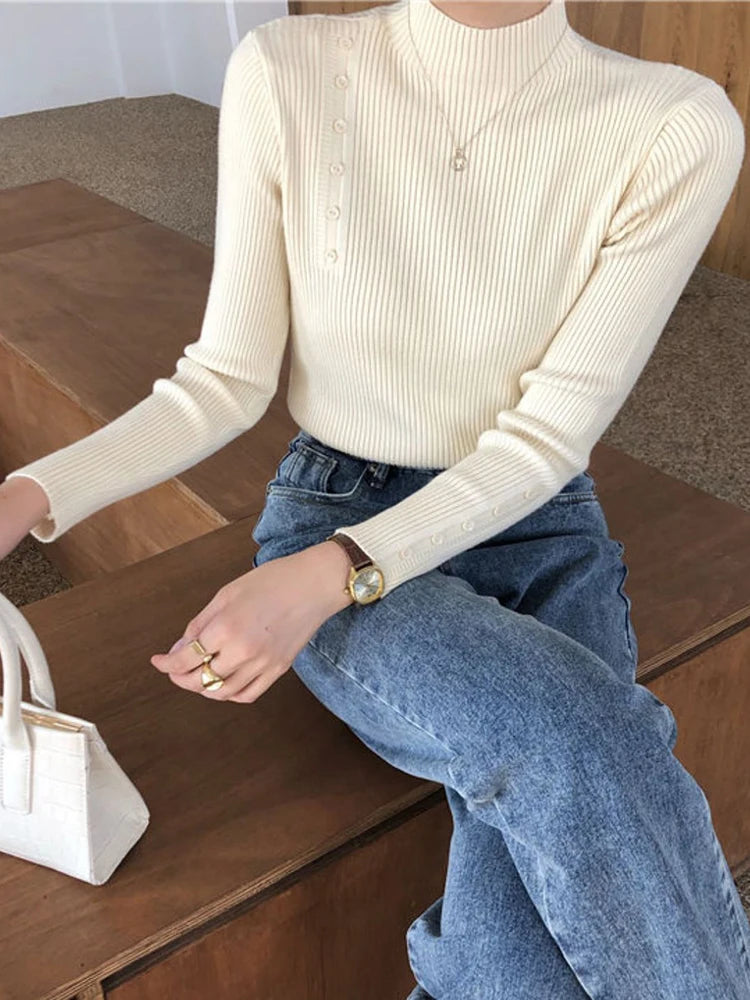 Women Knitted Sweater Long Sleeve Button Turtleneck Slim Pullovers for Autumn Winter 2024 Female Sweaters Soft Warm Bottoming Tops