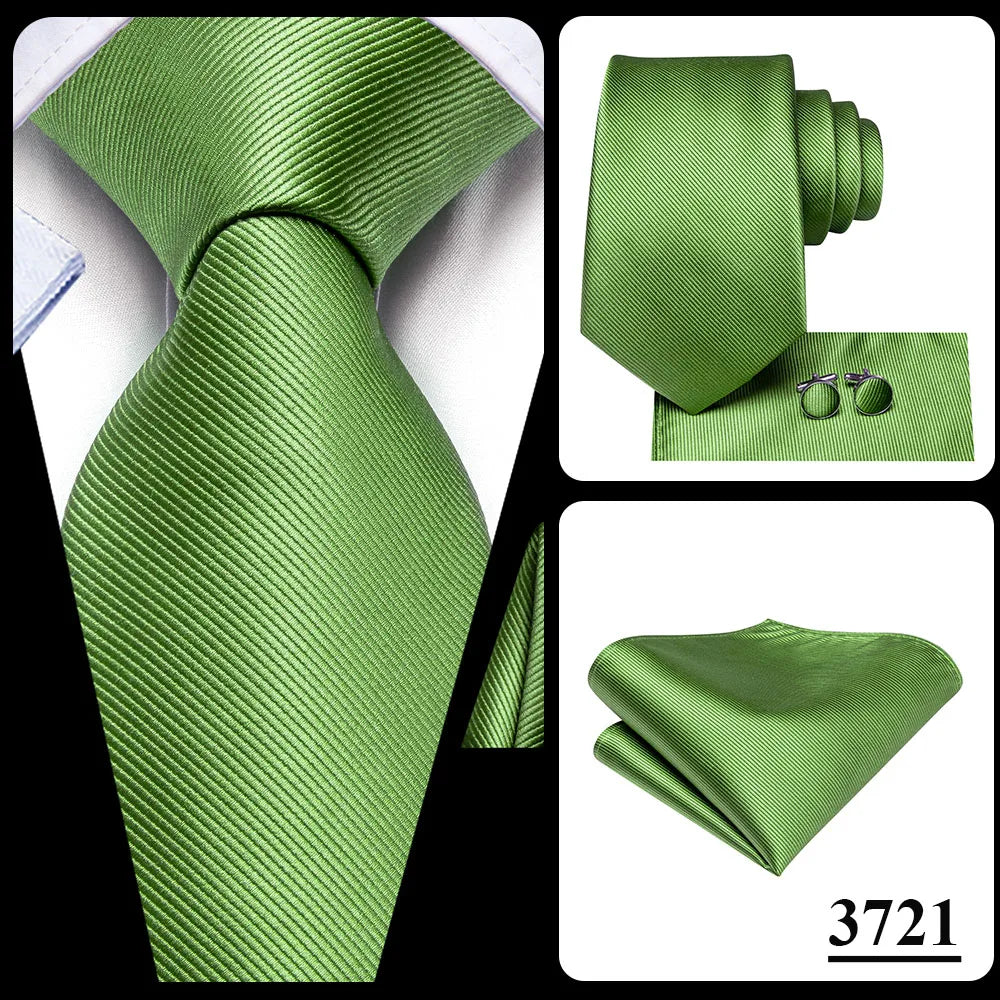 Hi-Tie Solid Green Orange Mens Fashion Necktie Handkerchief Cufflinks for Tuxedo Accessory Classic Silk Luxury Tie for Man Gift