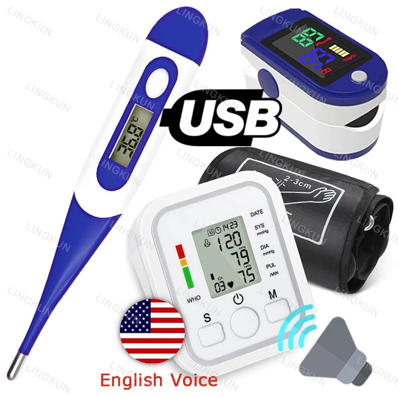 English Voice Digital Arm Blood Pressure Cuff Sensor Monitor BP Automatic Pressure Tonometer Tensiometer Heart Rate Pulse Meter