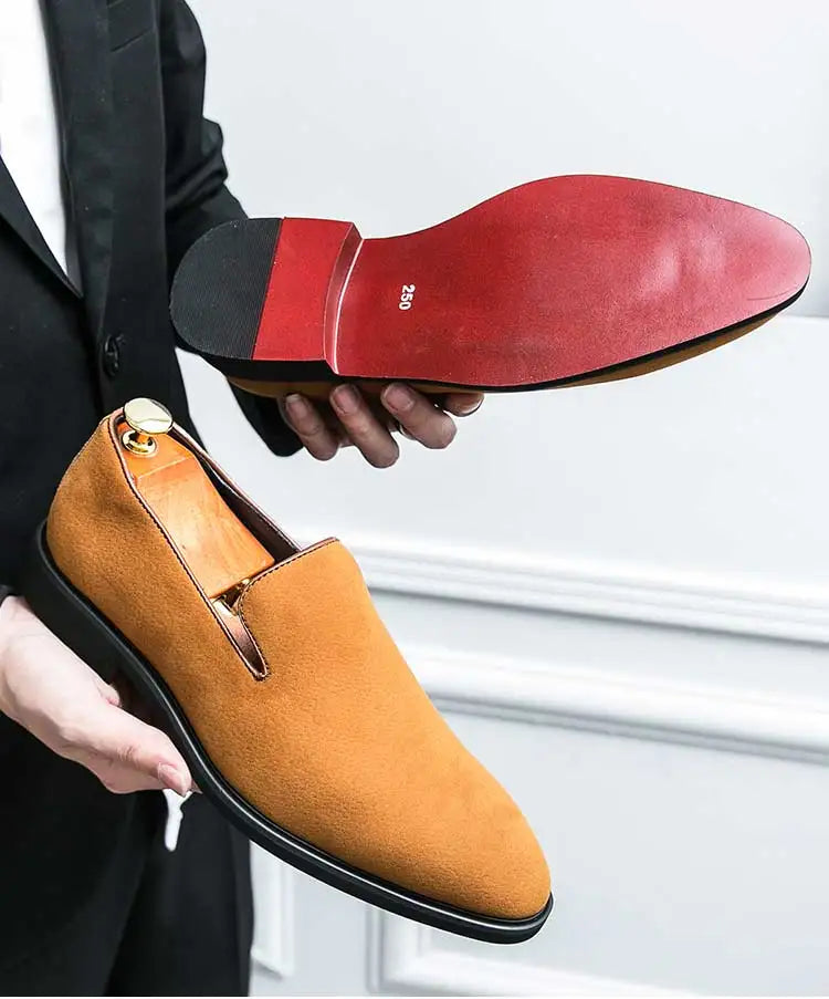 New 2024-2025 Red Sole Loafers Black Wedding Shoes for Men Yellow Flock Round Toe Slip-On Men's Business Dress Shoes Size 38-46