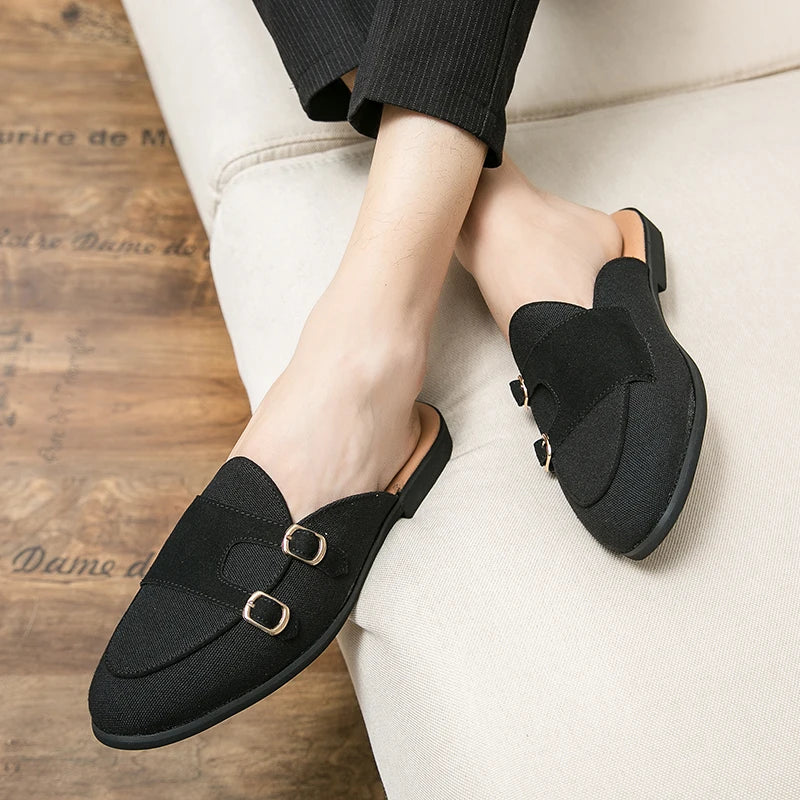 NEW 2025 Suede Leather Shoes Men's Casual Luxury Brand Handmade Muller Loafers Men Slip-On Flats Driving Dress Shoes Half Slippers 38-48