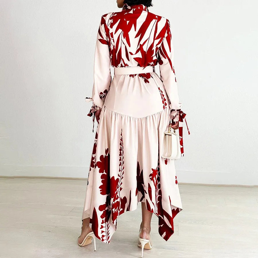 Brand New collections 2024-2025 Elegant Shirts Dresses for Women Printed Turn Down Collar Full Sleeve Belt Waisted Asymmetric Fashion Ladies Birthday Vestidos