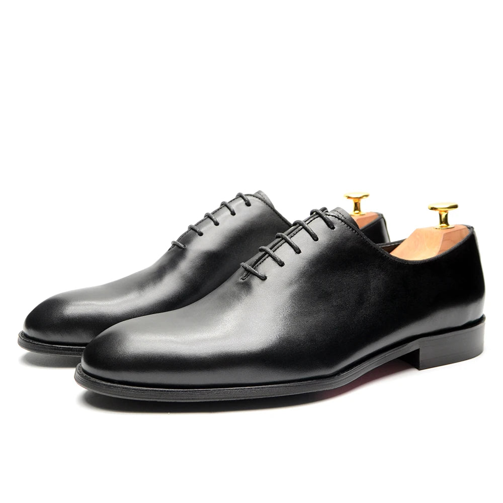 Brand Designer Whole Cut Oxford Dress Shoes Men Genuine Leather Handmade Lace Up Plain Toe Business Office Formal Wedding Shoe
