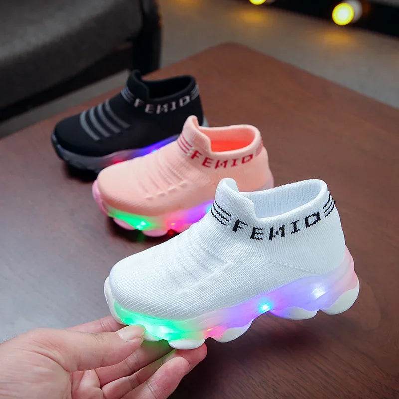 Brand New 2024-2025 Kids Sneakers Children Baby Girls Boys Letter Mesh Led Luminous Socks Sport Run Sneakers Shoes Sapato Infantil Light Up Shoes