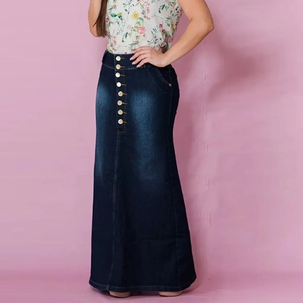 Front Button Washed Denim A-line Skirts For Teen Girls High Waisted Long Jean Skirt For Women Midi Length Faldas Mujer Moda 2023