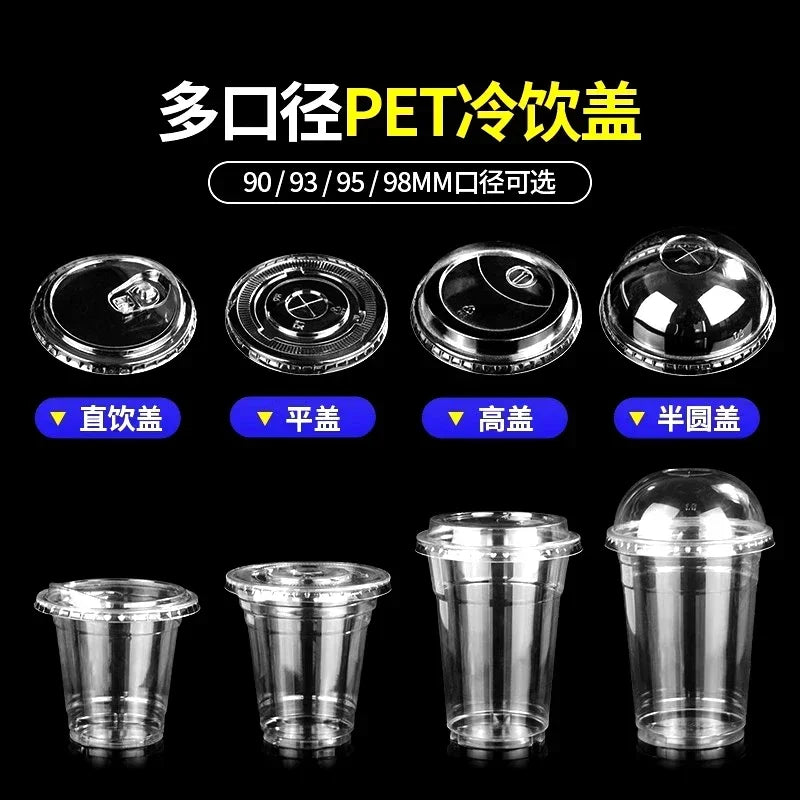 100pcs 98/90mm Caliber Cup Lid Disposable Plastic Transparent Cup Cover Milk Tea Coffee Drinks Packaged Leak Proof Cup Lids