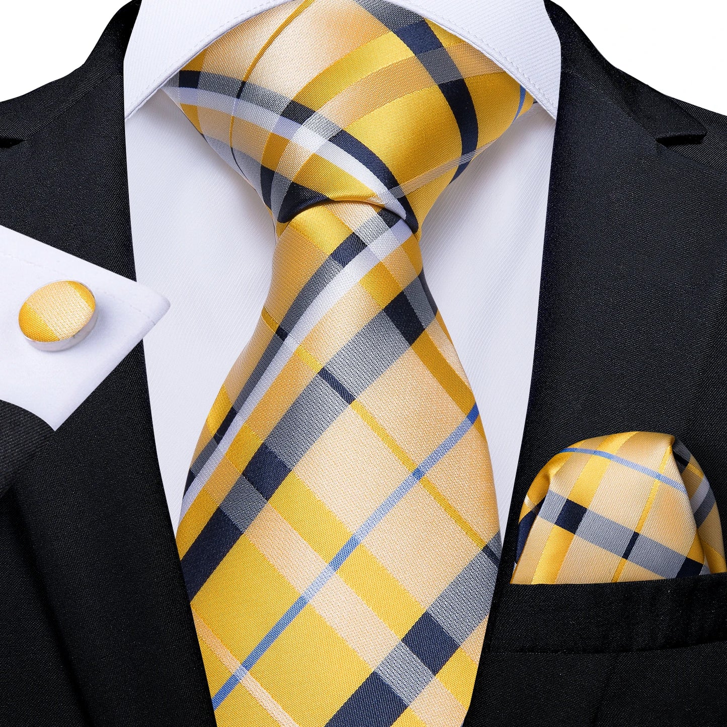 Brand New 2025 Mens Tie 100% Silk Classic Jacquard Woven 8cm Gold Yellow Formal Business Wedding Neck Tie Pocket Square Set Suit Cravat