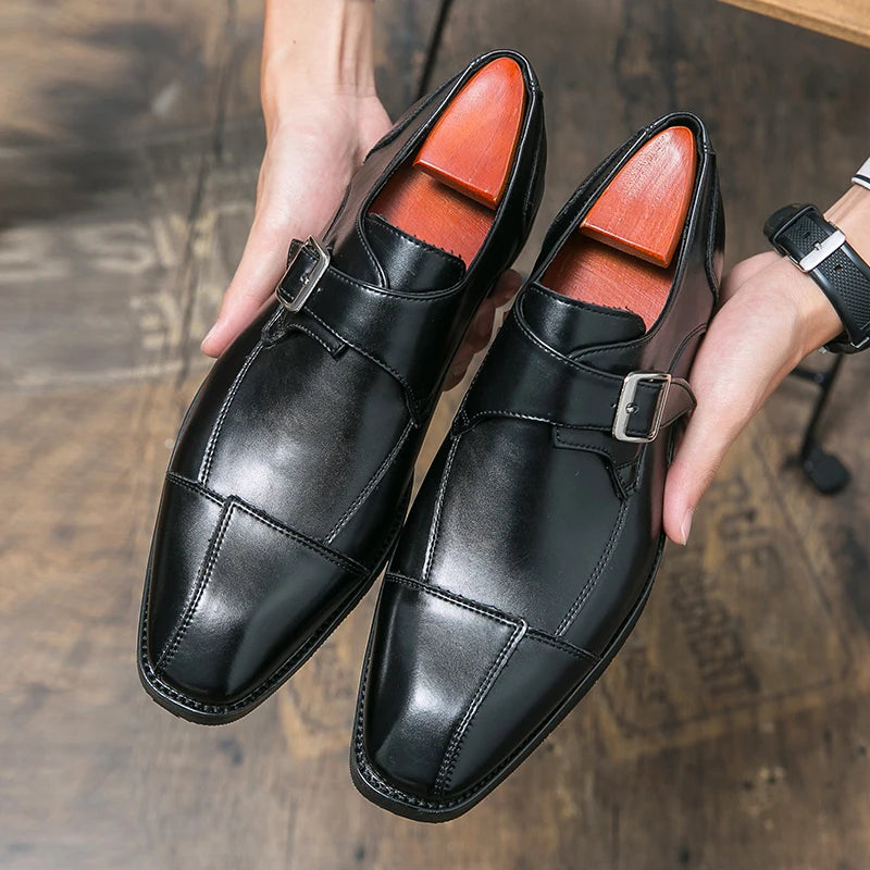 Brand new 2024-2025 Classic Monk Leather Man Shoes Color Block Round-Toe Buckle Business Dress Leather Shoes Man Casual Wedding Party Shoes For Man