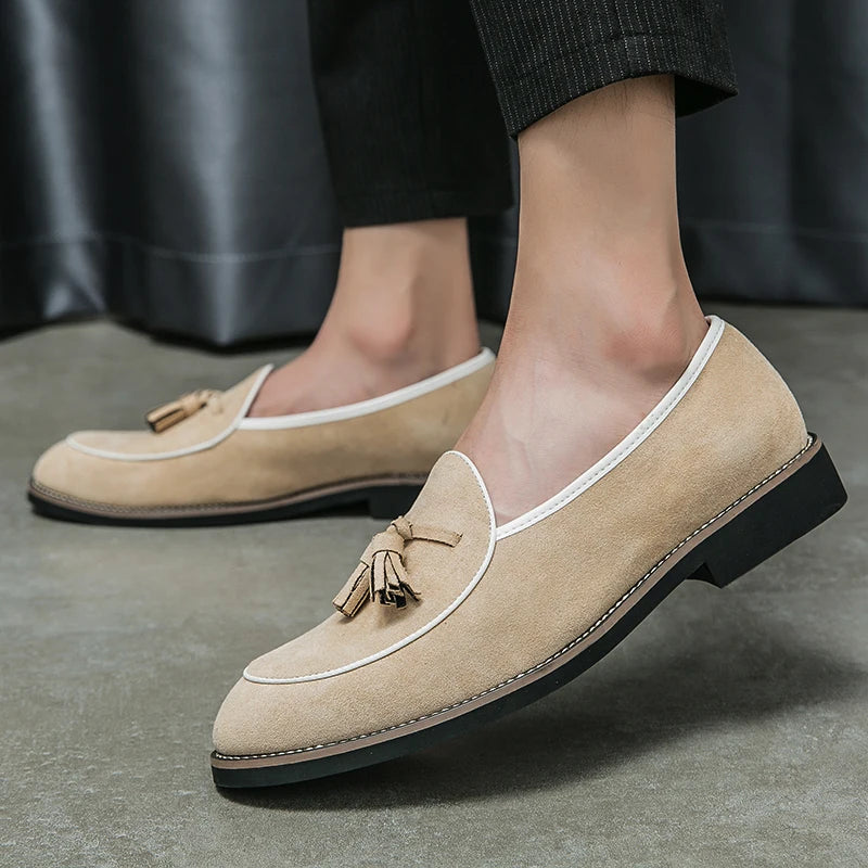 Italian Luxury Brand Suede Men's Tassel Design Loafers Slip-on Handmade High Quality Nubuck Leather Shoes Pointed Toe Thick Sole