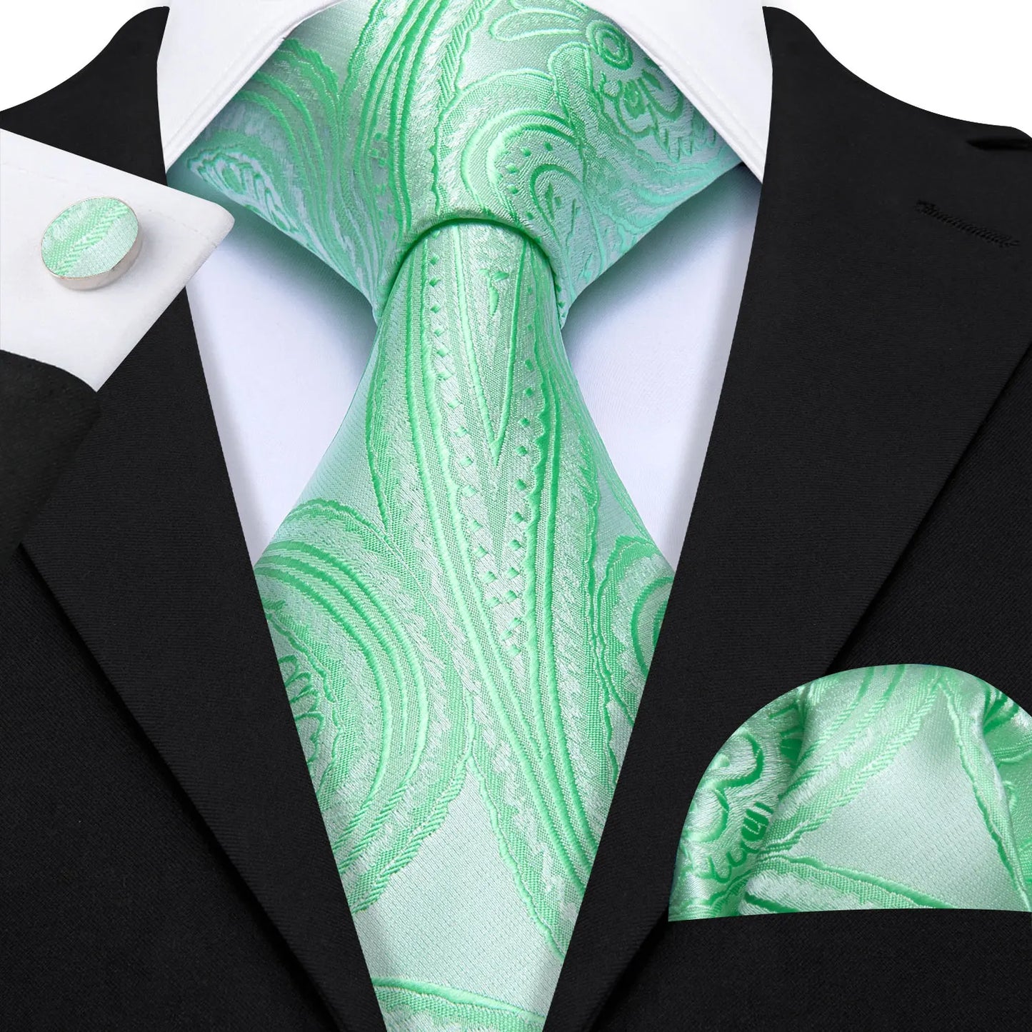 Amazony Epic Green Silk Mens Tie Hanky Cufflinks Set Mint Grass Teal Bottle Sage Pea Green Necktie For Male Wedding Business Party