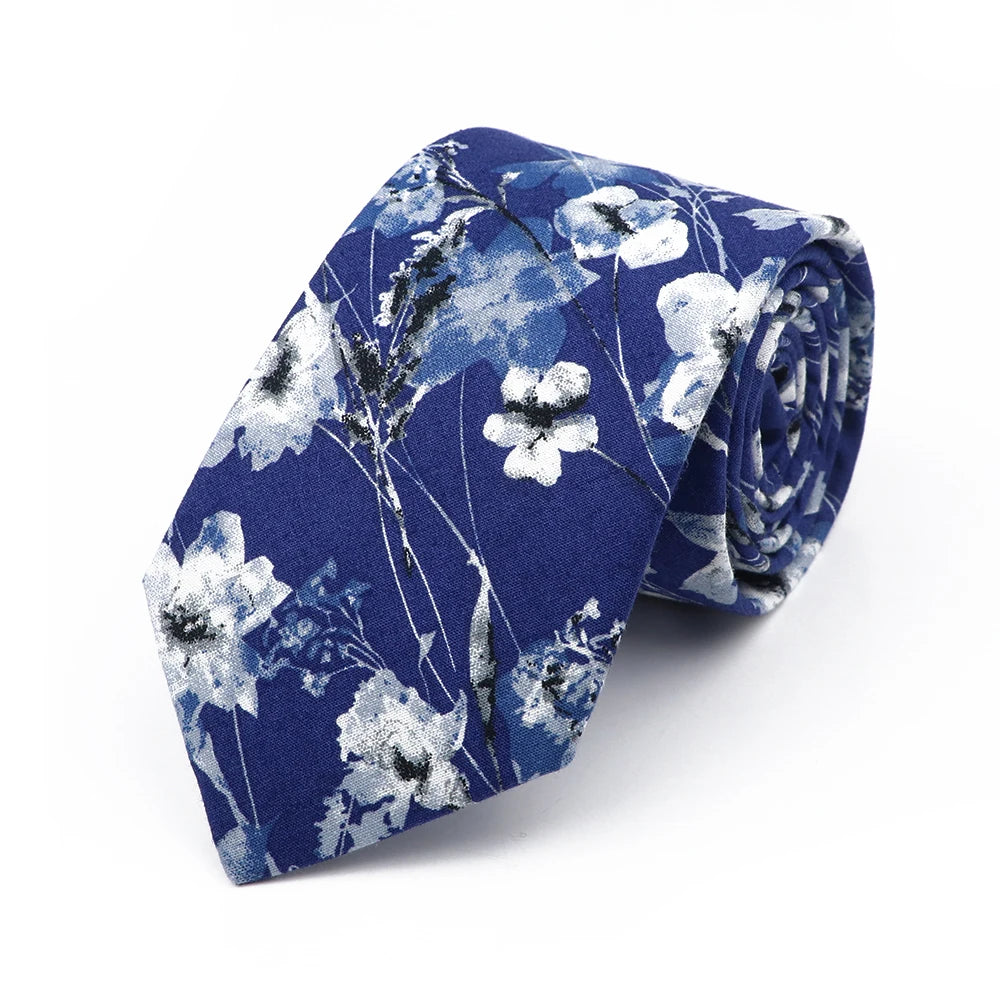 New Chic Floral Tie For Men 2025 100% Cotton Beautiful Elegant Flower Necktie White Blue Narrow Skinny Wedding Casual Cravat