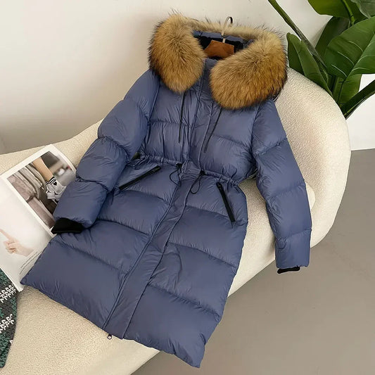 2024 - 2025 Winter New White Duck Down Real Fox Fur Real Raccoon Fur Long Hooded Coat Women Slim Warm Jacket Female Casual Fashion