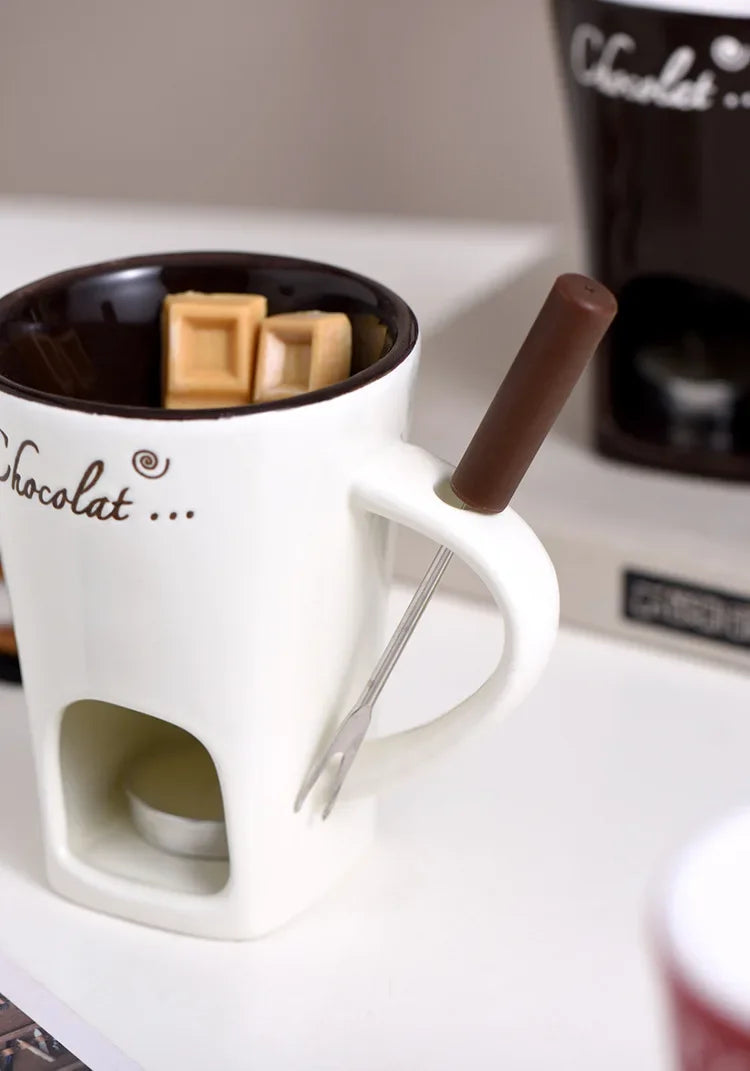 Ceramic Chocolate Cup European Candle Cup Cheese Chocolate Melting Ceramic Mug Heating Food Ceramic Mugwith Fork Creative Mugs