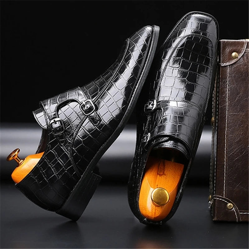 Man's Business Dress Office Shoes Crocodile Grain Leather Shoes Mens Buckle Casual Wedding Party Shoe Men Loafers Flats
