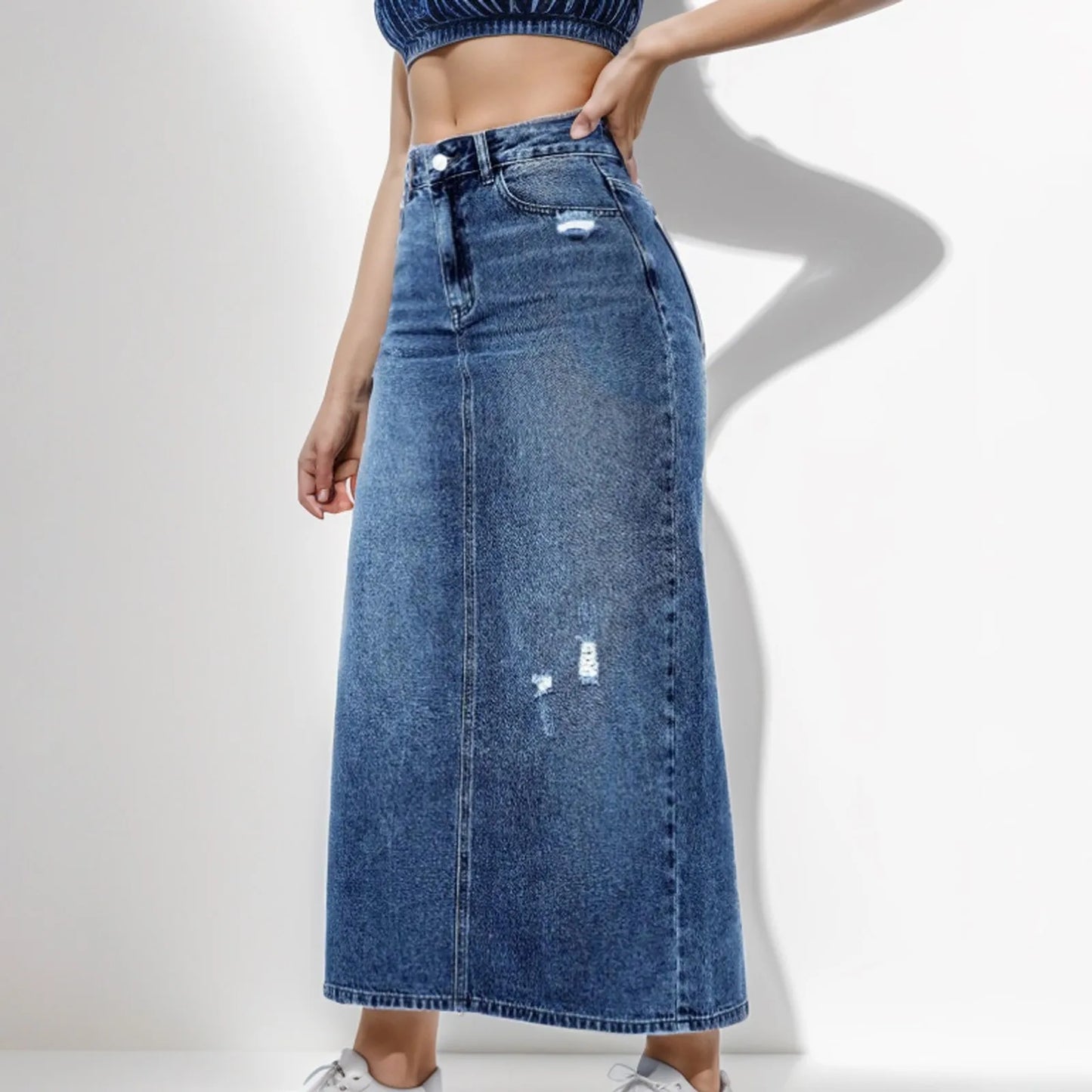 TINTINOS NEW 2024 Women's Fashion Side Split High Waist Denim Straight Skirt Office Lady Black Blue Midi Jean Skirts Autumn Long Skirt