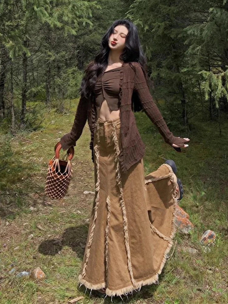 REDDACHiC Y2k Mermaid Denim Skirt Women High Waist Long Jeans Skirt Tall Girl Retro Brown Fishtail Floor Skirt Streetwear