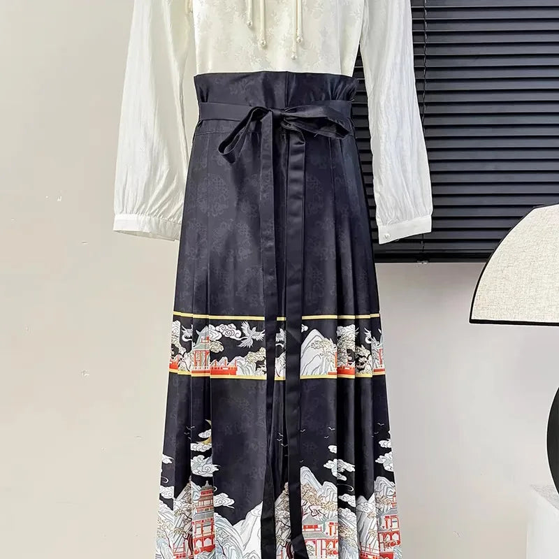 2024 Retro FRENCH Style  Jacquard Horse Face Skirt Women's Spring Fashion Versatile Pleats Lace Loose Mid Length Skirts