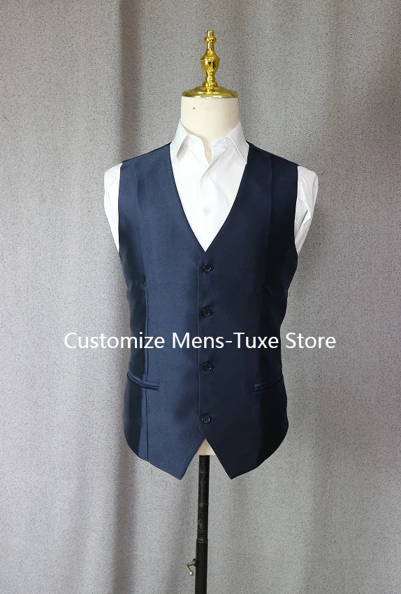 2024 Fashion Casual Custom Made Groom Tuxedo Navy Blue Peak Lapel Wedding/Prom Best Man Suits Bridegroom (Jacket+Pants+Vest)