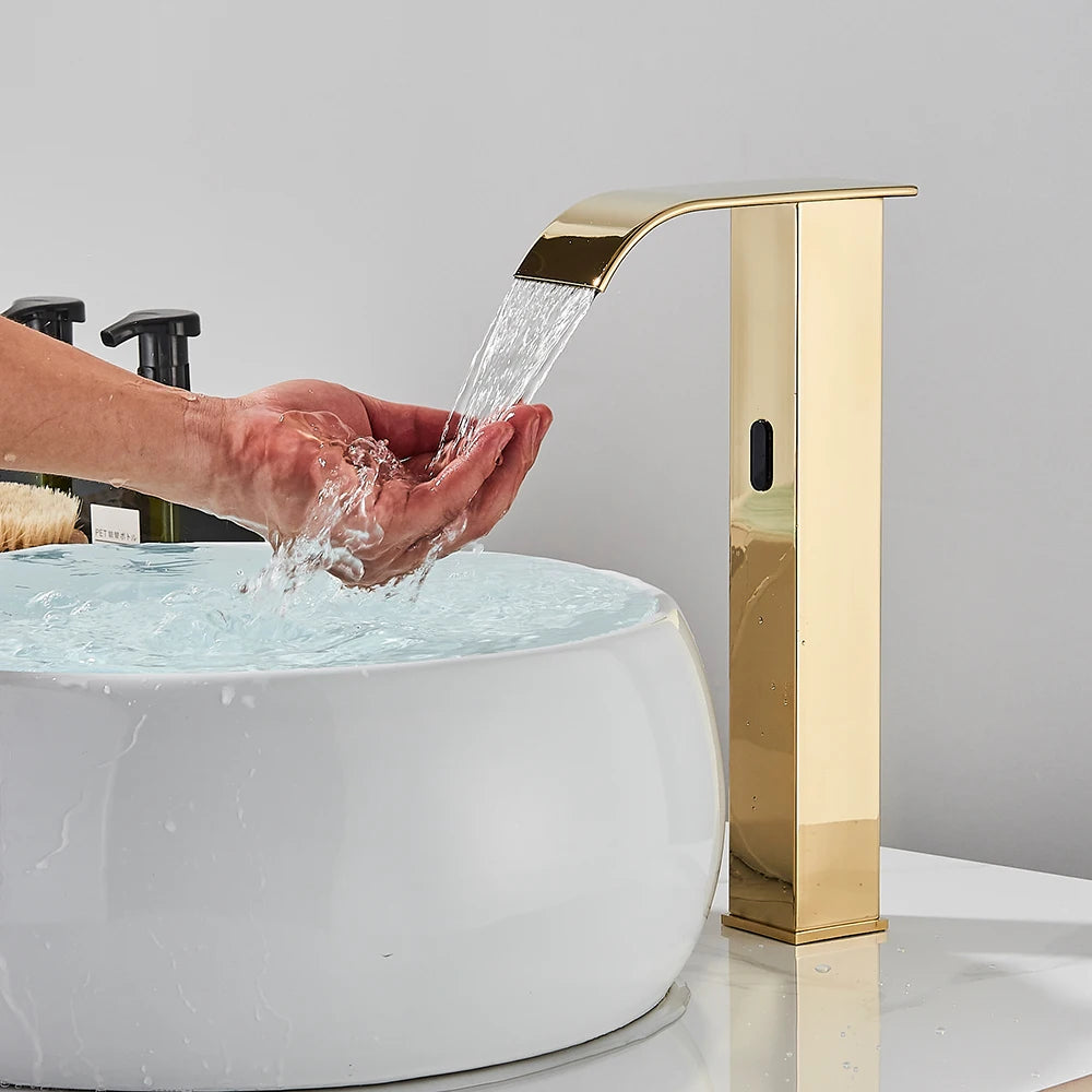 Rozin Black Smart Sensor Bathroom Basin Faucet Touchless Automatic Sense Mixer Tap Waterfall Hot Cold Water Washbasin Crane FREE SHIPPING