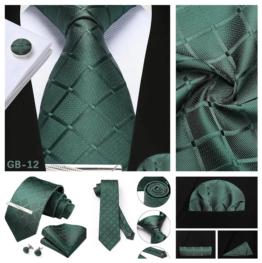 100% Silk Ties for Men Plaid & Checks Tie Clip Handkerchief Woven Classic Men's Necktie Pocket Square Set Formal Wedding Ties