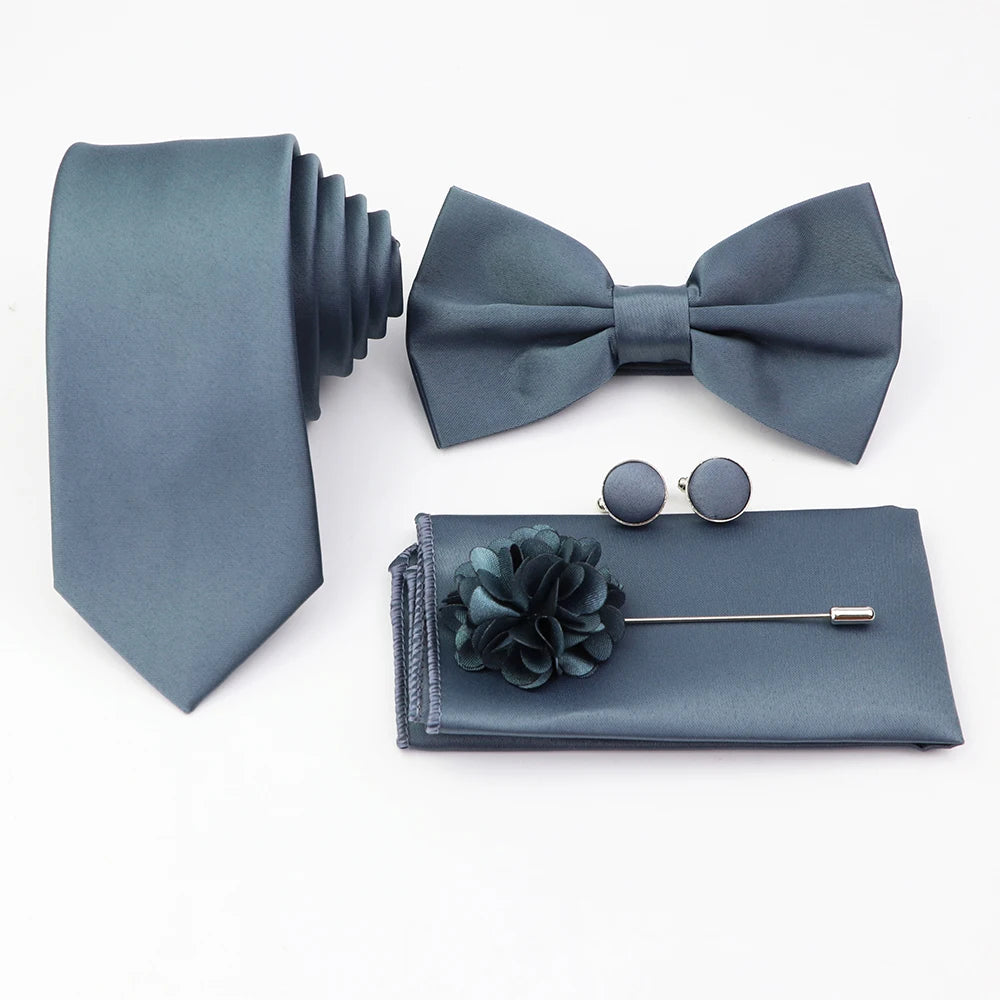 Hot Sale Pink Purple Sage Green Tie Set Polyester Necktie Bowtie Cufflink Brooch For Groom Suit Wedding Cravat Shirt Accessory