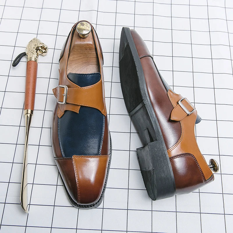 Brand new 2024-2025 Classic Monk Leather Man Shoes Color Block Round-Toe Buckle Business Dress Leather Shoes Man Casual Wedding Party Shoes For Man