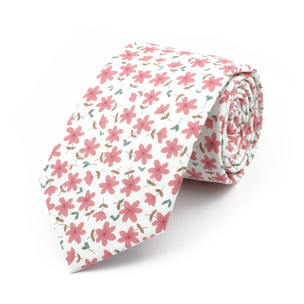 New Chic Floral Tie For Men 2025 100% Cotton Beautiful Elegant Flower Necktie White Blue Narrow Skinny Wedding Casual Cravat