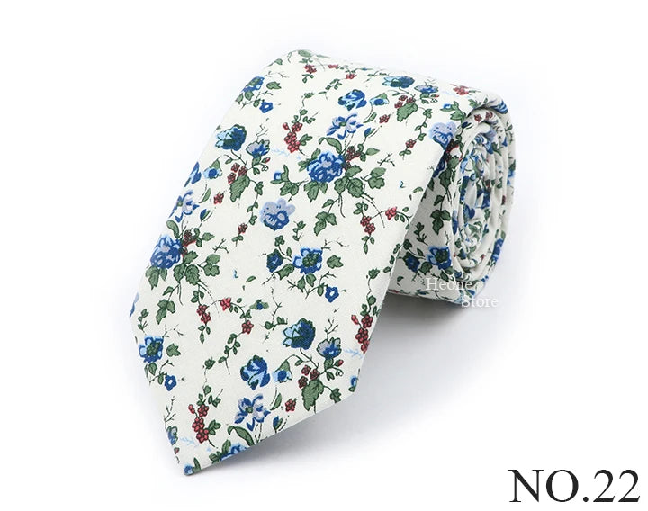New Chic Floral Tie For Men 2025 100% Cotton Beautiful Elegant Flower Necktie White Blue Narrow Skinny Wedding Casual Cravat