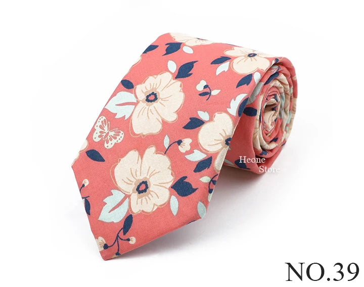 New Chic Floral Tie For Men 2025 100% Cotton Beautiful Elegant Flower Necktie White Blue Narrow Skinny Wedding Casual Cravat