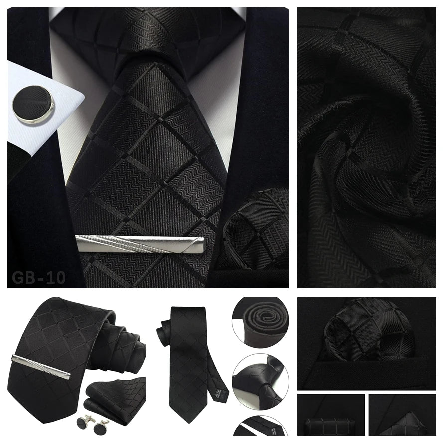 100% Silk Ties for Men Plaid & Checks Tie Clip Handkerchief Woven Classic Men's Necktie Pocket Square Set Formal Wedding Ties