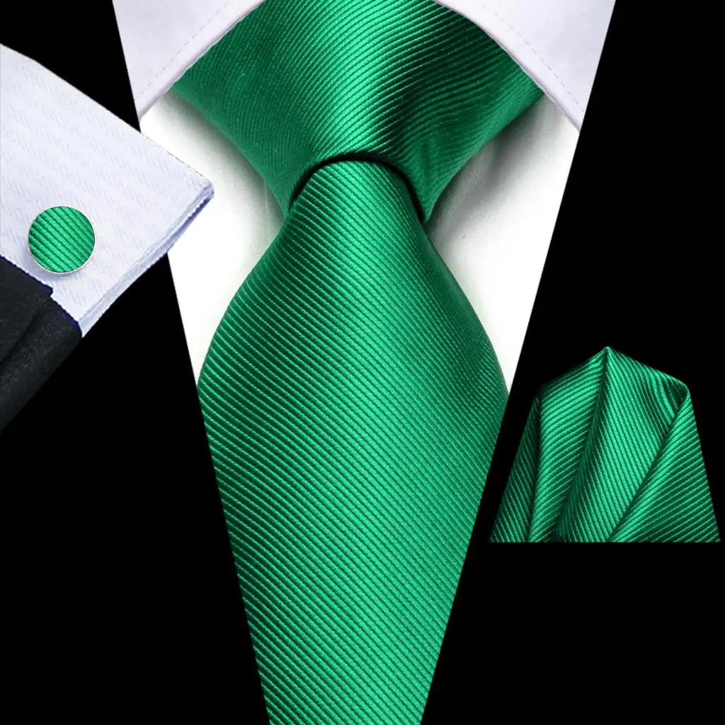 Hi-Tie Solid Green Orange Mens Fashion Necktie Handkerchief Cufflinks for Tuxedo Accessory Classic Silk Luxury Tie for Man Gift