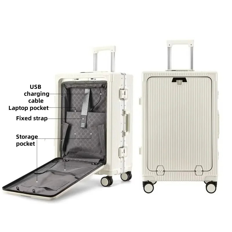 Suitcase Front Opening Pocket Aluminum Alloy Frame Rolling Luggage with USB Charging Plug Trolley Carry-on Case Bag with Wheel
