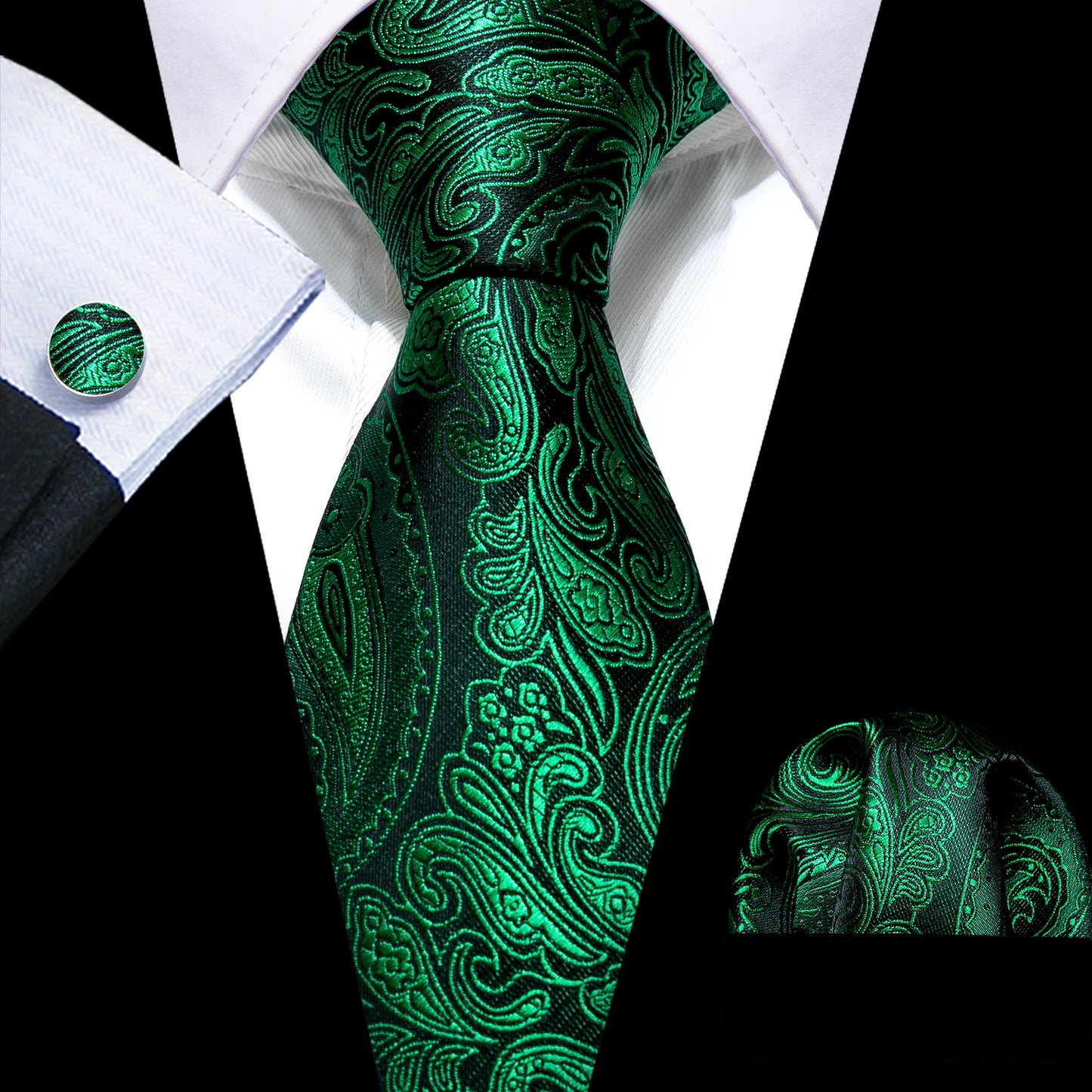 Green Men Tie Wedding Silk Solid Necktie Pocket Square Cufflinks Sets New Suit High Quality Party Business Designer