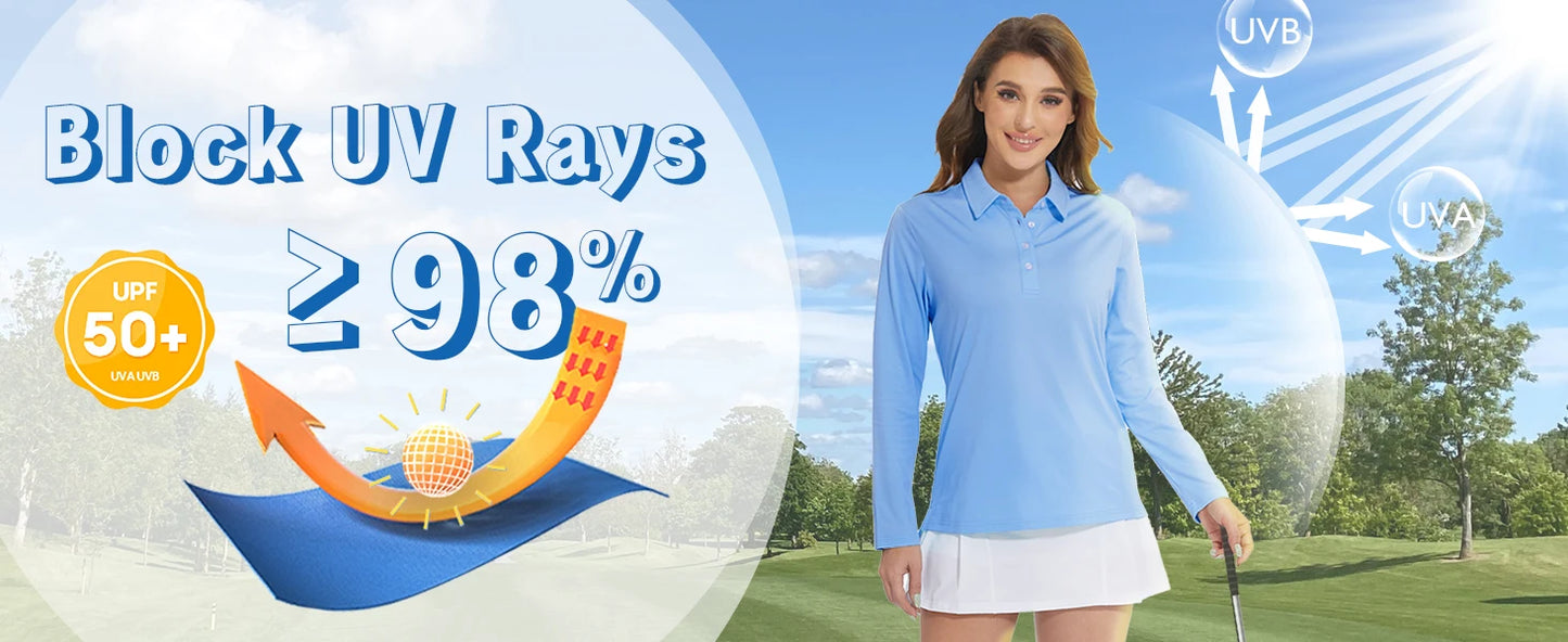 TACVASEN UPF 50+ Polo Shirts Womens Long Sleeve Shirts UV Protection Performance Polos Golf Tennis Working Shirts Pullover Top