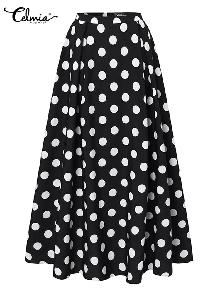 2024 Summer Skirt Celmia Bohemian Women Maxi Skirts High Waist Vintage Casual Loose Polka Dot Elegant A-line Long Skirt Oversize