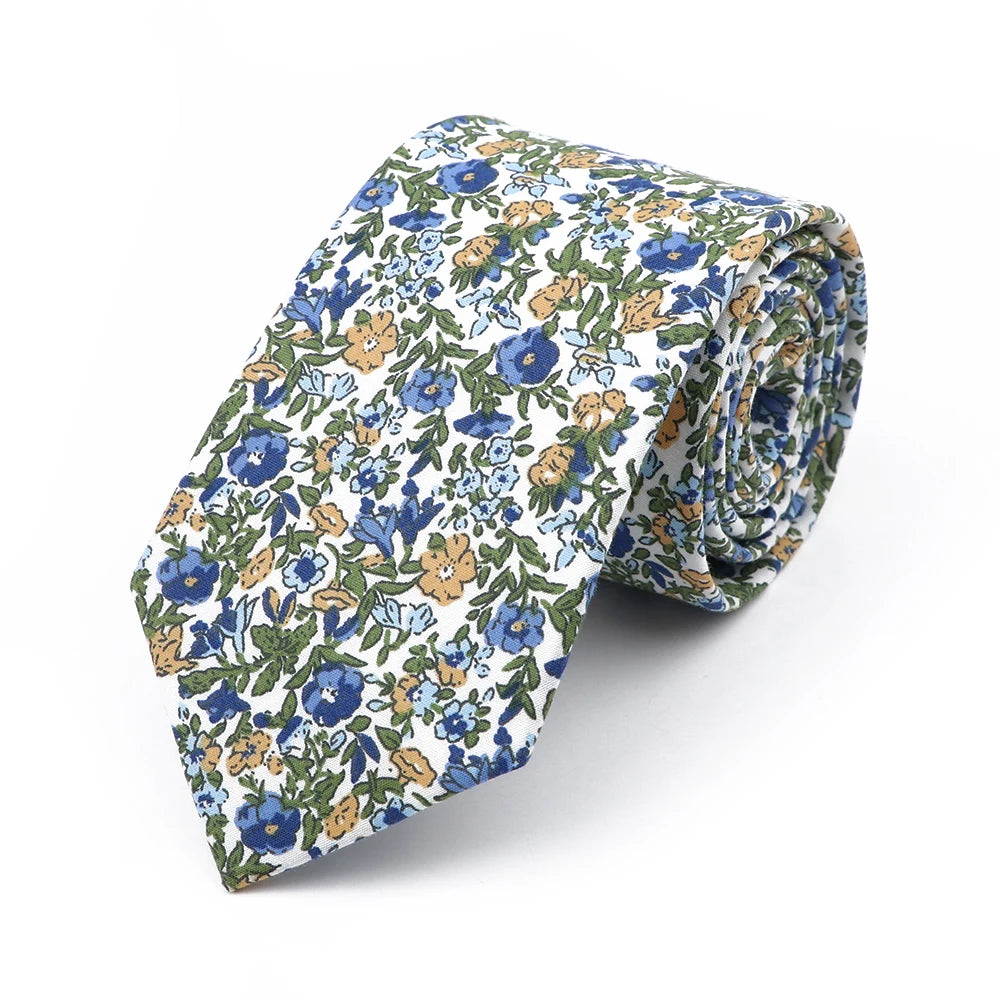 New Chic Floral Tie For Men 2025 100% Cotton Beautiful Elegant Flower Necktie White Blue Narrow Skinny Wedding Casual Cravat