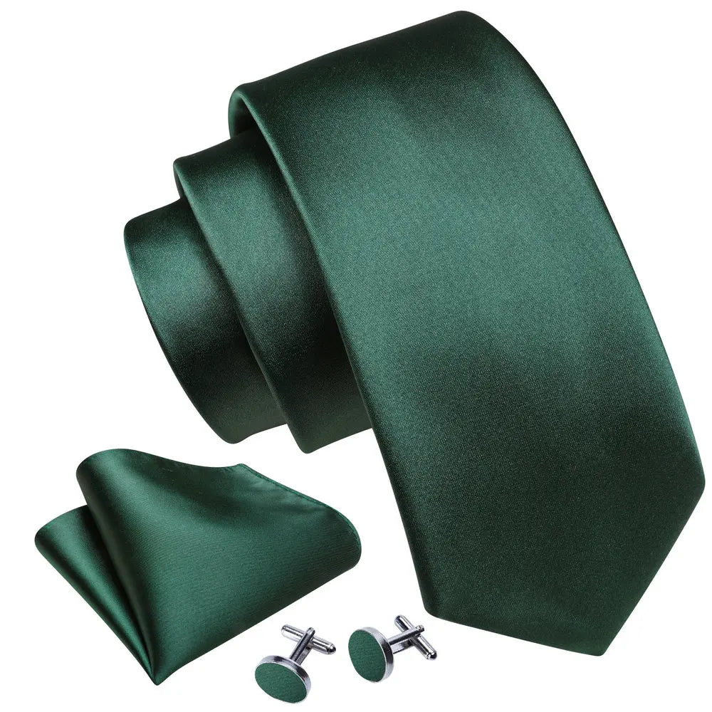 Dark Green Silk Solid Men Ties With Pocket Square Cufflinks Set Elegant Woven High Quality Suit Necktie Wedding