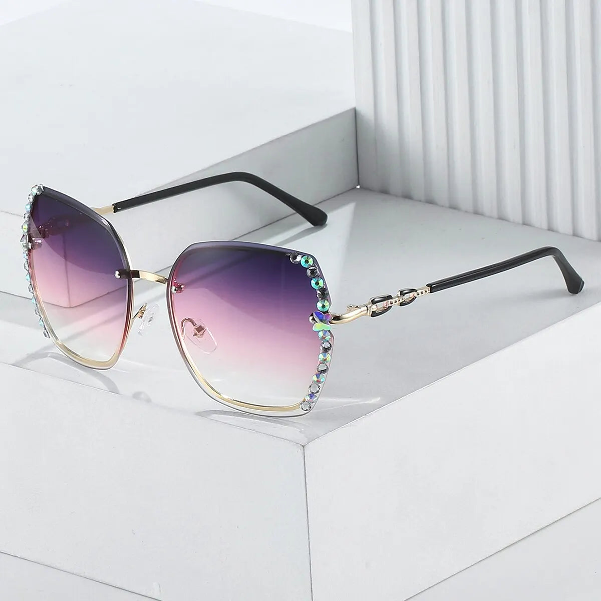 Summer Tme Rhinestone Decor Rimless Fashion Sunglasses For Women Men Casual Gradient Glasses For Summer Beach Party, UV400