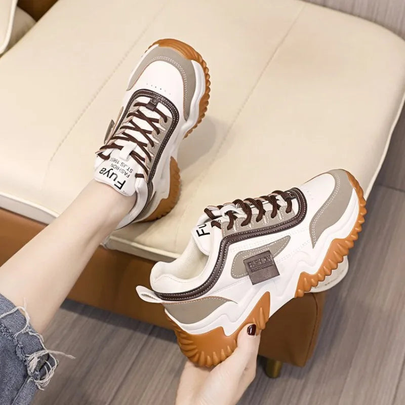 New 2024 and 2025 Trendy Dad Shoes Women's 2024 New Contrast Color Thick Sole Sports Women's Shoes Lace Up Casual Vulcanization Zapatos Mujer Traf