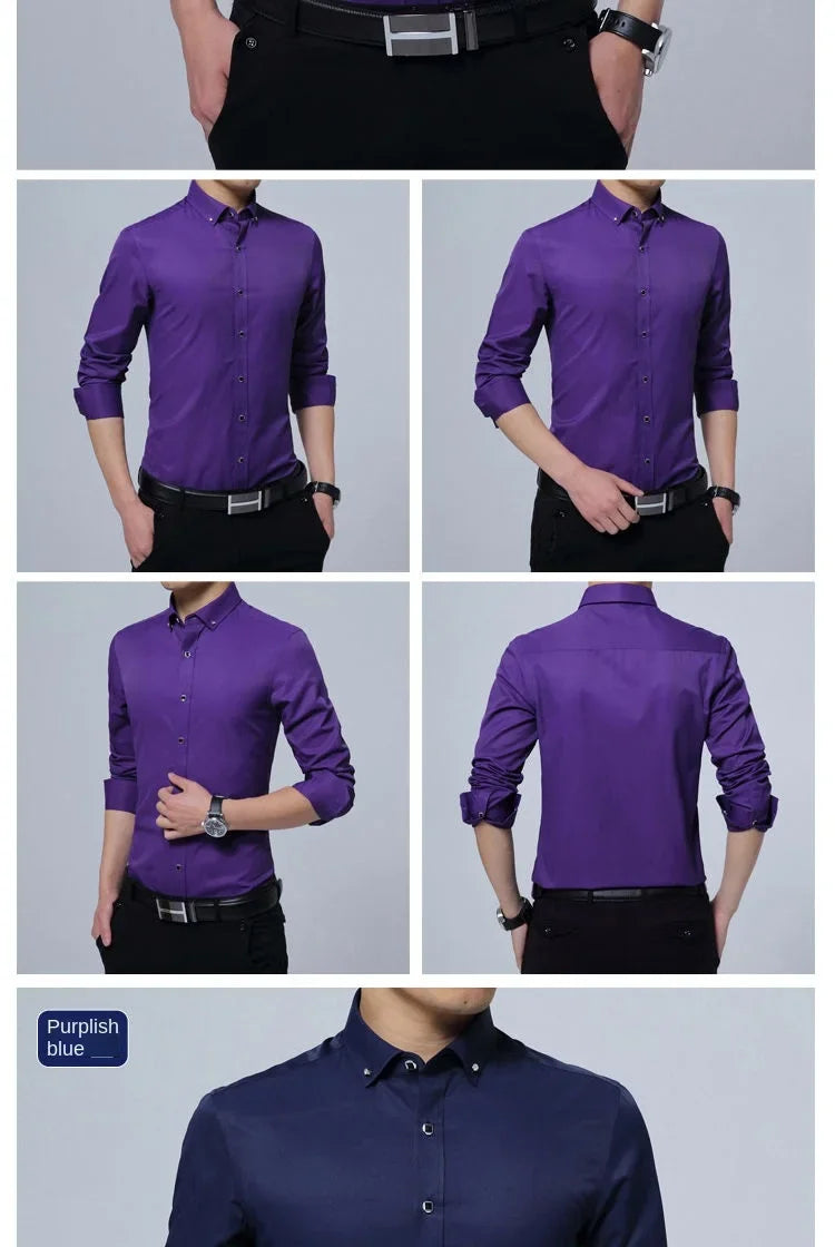 Summer Business Slim Fit White Shirt for Men - British Casual Tooling Style with Three Buttons Men's Long Sleeve Shirts