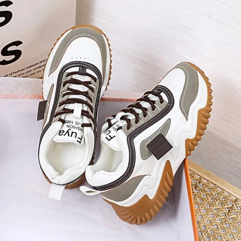 New 2024 and 2025 Trendy Dad Shoes Women's 2024 New Contrast Color Thick Sole Sports Women's Shoes Lace Up Casual Vulcanization Zapatos Mujer Traf
