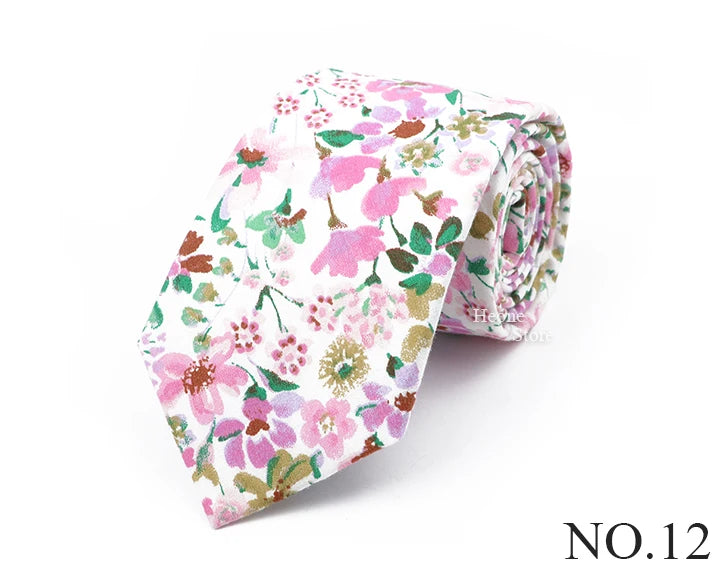 New Chic Floral Tie For Men 2025 100% Cotton Beautiful Elegant Flower Necktie White Blue Narrow Skinny Wedding Casual Cravat