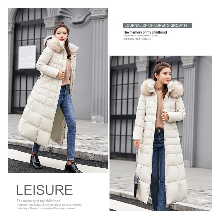 New 2024 - 2025 X-Long Down Jacket Women Casual Thick Warm Padded Coat Winter Loose Solid Hooded Parkas Lady Korean Fashion Solid Long Overcoa