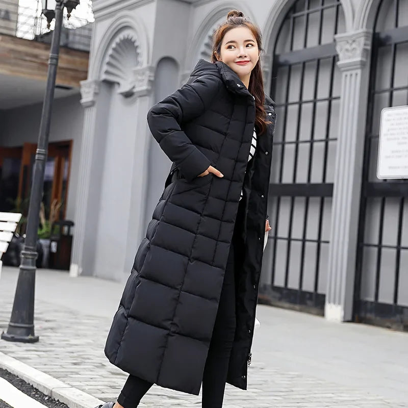 New 2024 - 2025 X-Long Down Jacket Women Casual Thick Warm Padded Coat Winter Loose Solid Hooded Parkas Lady Korean Fashion Solid Long Overcoa